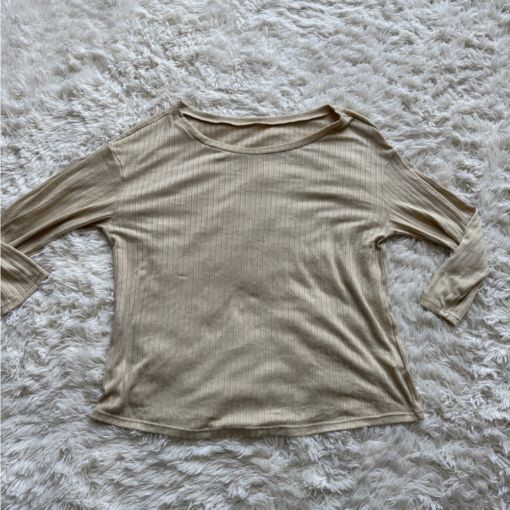 SHEIN Tan Ribbed 3/4 Sleeve Blouse